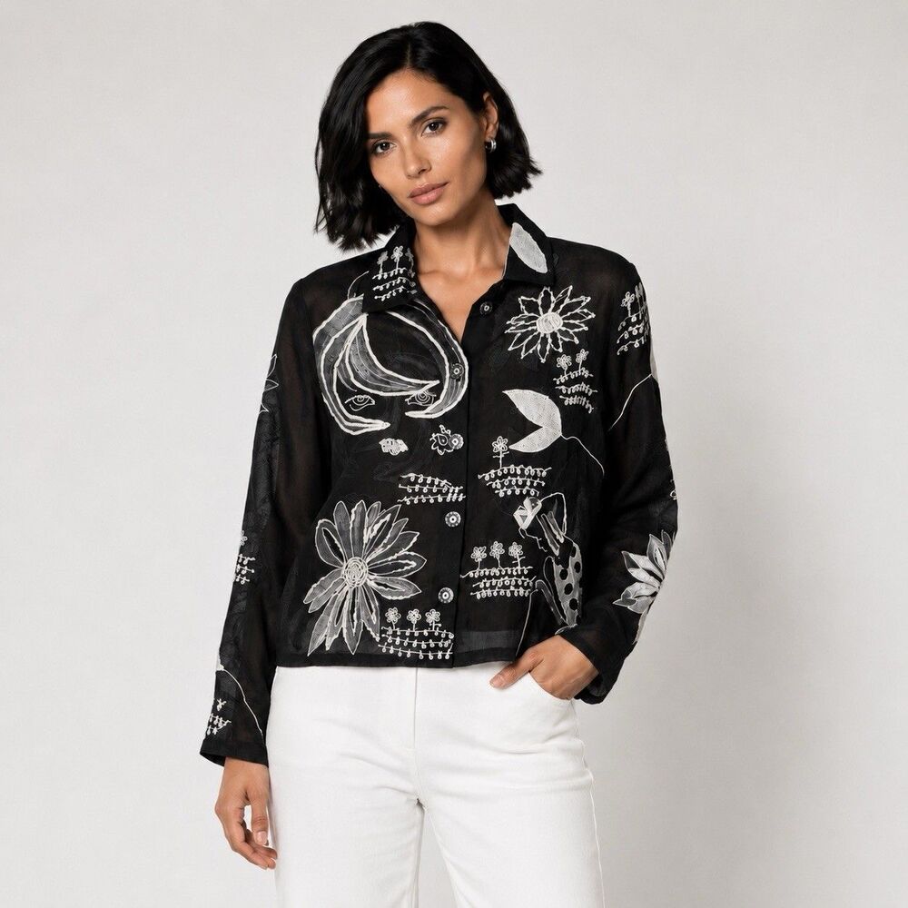 SANDY STARKMAN Blouse Sheer Black Silk Embellished Clear Buttons S Art To Wear
